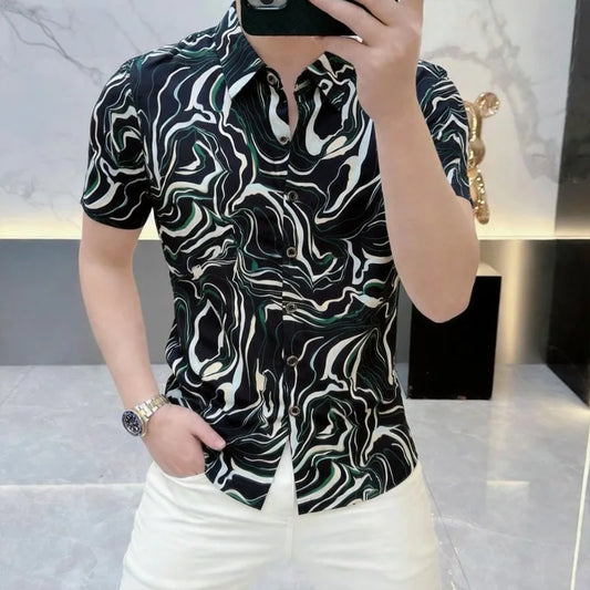 Chemise tendance d'été en soie glacée à motif floral pour homme, élastique, respirante, à manches courtes, décontractée, pour affaires, soirées et occasions habillées