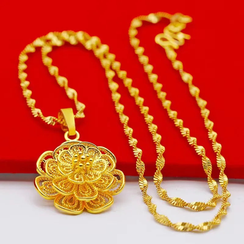 Colliers avec pendentif fleur couleur or 24K pour femmes, chaîne ondulée de 18 pouces, accessoires de bijoux de luxe de haute qualité