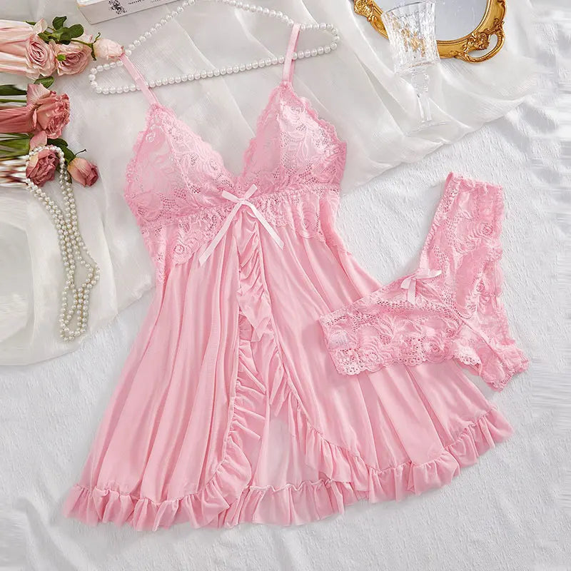 Un ensemble de chemise de nuit Ultra Sexy en Tulle, soutien-gorge à col en v, jupe de nuit ouverte, robe érotique pour femme, pyjama transparent, pantalon de Lingerie, kit de luxe