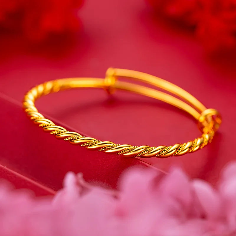 Bracelets en or jaune pur 18 carats pour femmes, torsadé réglable en pâte frite, bijoux de luxe pour fête de mariage, tendance, 999