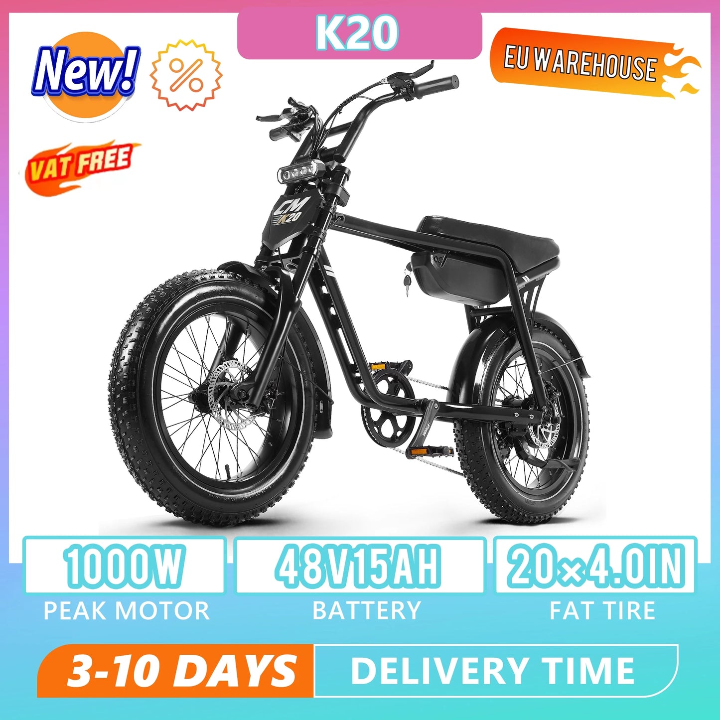 Vélo électrique CMACEWHEEL K20 eBIKE Peak 1000W, 48V15Ah, pneus larges, 20 pouces, VTT électrique pour adultes