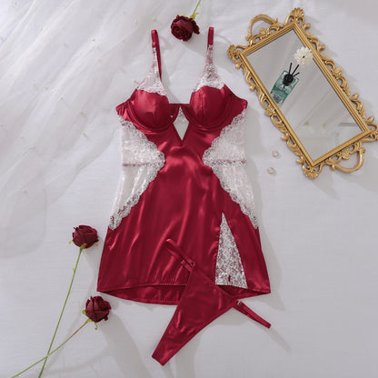 AVELINE 2025 nouveau dentelle Patchwork dames ensemble de soutien-gorge Sexy érotique coupe basse luxe français chemise de nuit fendu fronde deux pièces ensemble