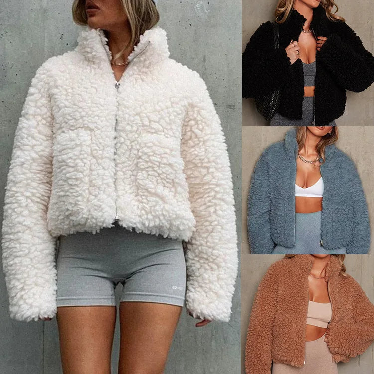 Cappotti A Maniche Lunghe hiver chaud en peluche col montant veste courte femmes Cardigan veste couleur unie veste Chaqueta Mujer