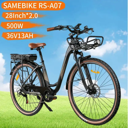 Vélo électrique de ville Samebike RS-A07 28 pouces, batterie au lithium 36V13Ah, vélo électrique 500W, double frein à disque, vélo électrique avec panier