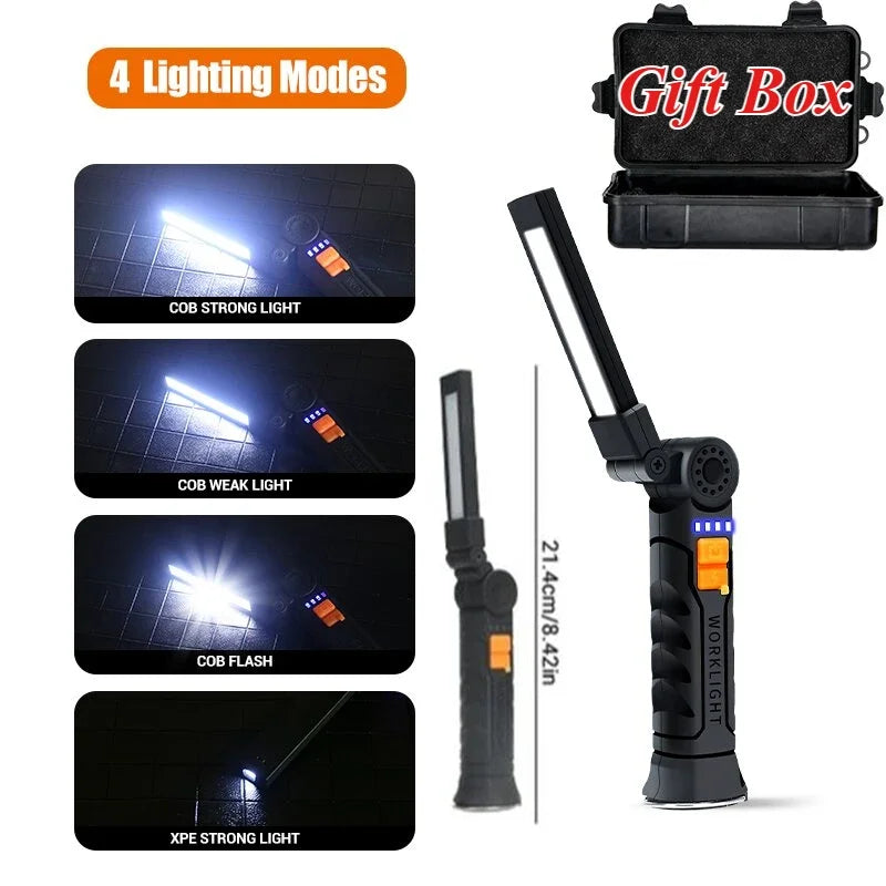 Lampes de poche LED lampe de travail rechargeable avec base magnétique et crochet de suspension 3 modes projecteur pour gril de réparation de voiture utilisation en extérieur