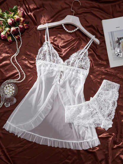 Blanc Sexy contraste dentelle et maille à volants nuisette robe de nuit femme chemise de nuit col en v soutien-gorge ouvert jupe de nuit nuisettes vêtements de nuit