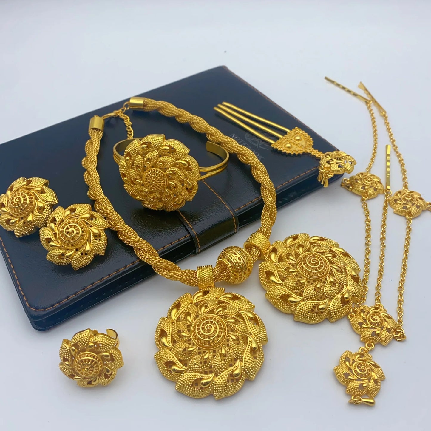 Ensemble de bijoux de mariage éthiopien de luxe pour femmes, couleur or 24 carats, 6 pièces, collier torsadé en forme de fleur de dubaï, cadeau