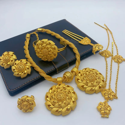 Ensemble de bijoux de mariage éthiopien de luxe pour femmes, couleur or 24 carats, 6 pièces, collier torsadé en forme de fleur de dubaï, cadeau