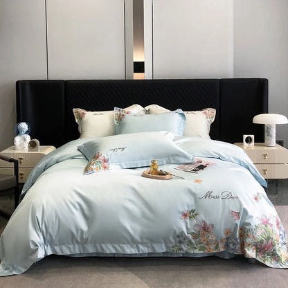 Parure de lit en coton égyptien avec broderie de fleurs, couvre-lit de luxe, drap-housse, housse de matelas, taies d'oreiller, housse de couette, housse de athlon blanche