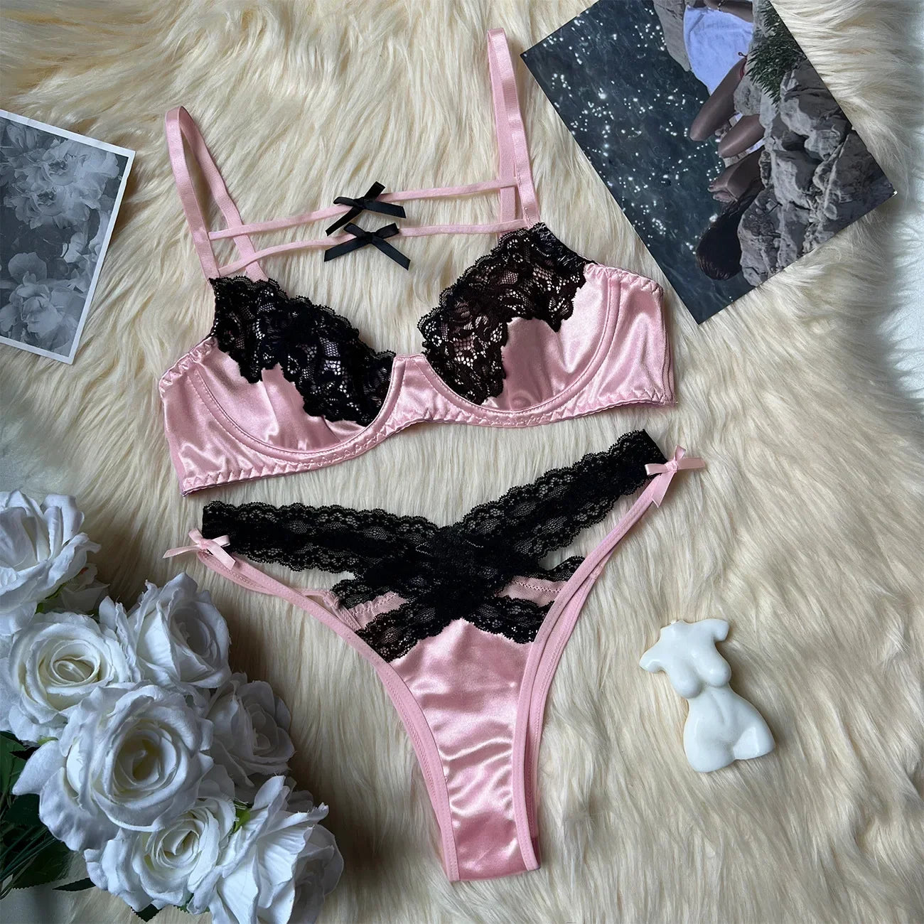 Toucheart-Ensemble de sous-vêtements en dentelle rose pour femmes, soutien-gorge, string, nœud papillon, noir, amissié, sexy, lingerie, patchwork