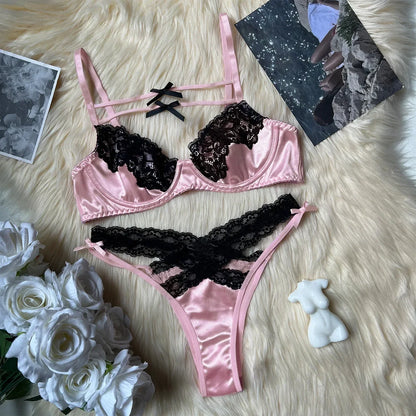 Toucheart-Ensemble de sous-vêtements en dentelle rose pour femmes, soutien-gorge, string, nœud papillon, noir, amissié, sexy, lingerie, patchwork