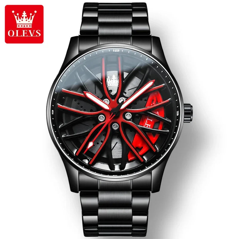 Montres-bracelets à quartz de sport OLEVS 9937 pour hommes, design de roue, montres à bracelet en acier inoxydable étanche de haute qualité pour hommes, lumineuses