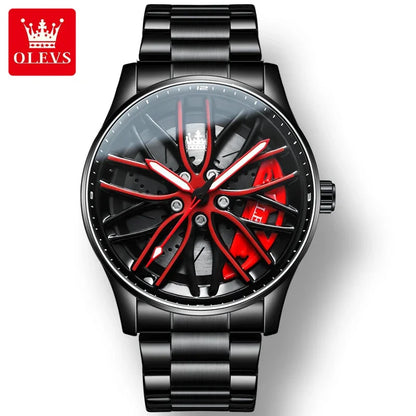 Montres-bracelets à quartz de sport OLEVS 9937 pour hommes, design de roue, montres à bracelet en acier inoxydable étanche de haute qualité pour hommes, lumineuses