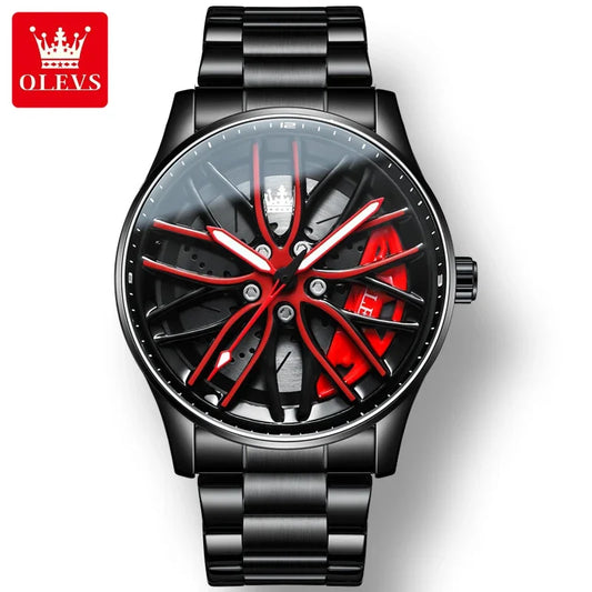 Montres-bracelets à quartz de sport OLEVS 9937 pour hommes, design de roue, montres à bracelet en acier inoxydable étanche de haute qualité pour hommes, lumineuses