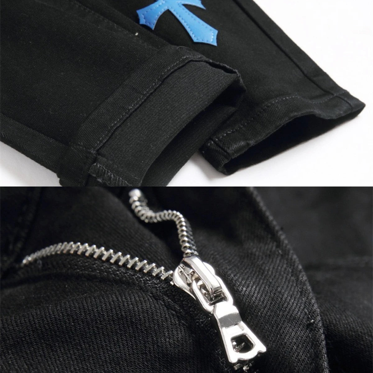 Jeans Diamond Cross pour hommes, pieds perforés, épissure en cuir réfléchissant, brillant, usé, broderie, pantalon, doublure en soie, luxe High Street 2