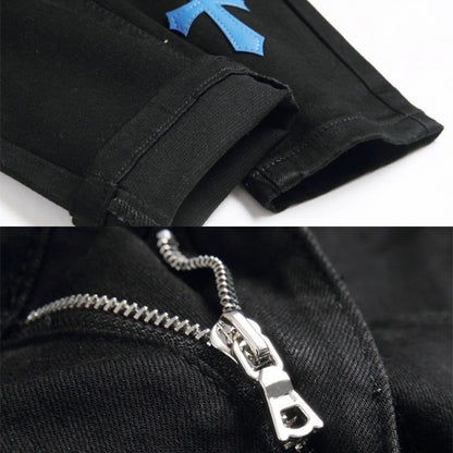 Jeans Diamond Cross pour hommes, pieds perforés, épissure en cuir réfléchissant, brillant, usé, broderie, pantalon, doublure en soie, luxe High Street 2