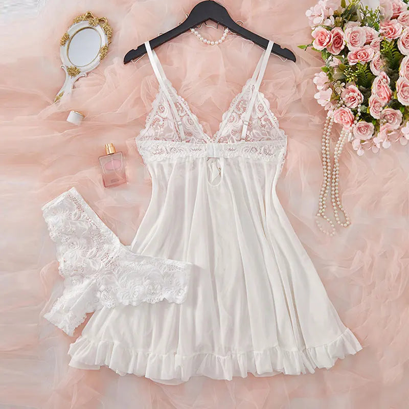 Un ensemble de sous-vêtements de femme chemise de nuit string ensembles grande taille jarretelle dentelle Lingerie accessoires Sexy soutien-gorge érotique chemise de nuit lencería