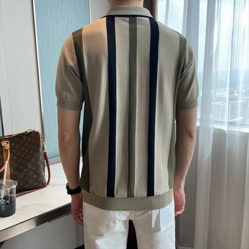 T-shirt à manches courtes en soie glacée à rayures contrastées pour homme, tendance mode été 2024, style britannique, décontracté, col polo