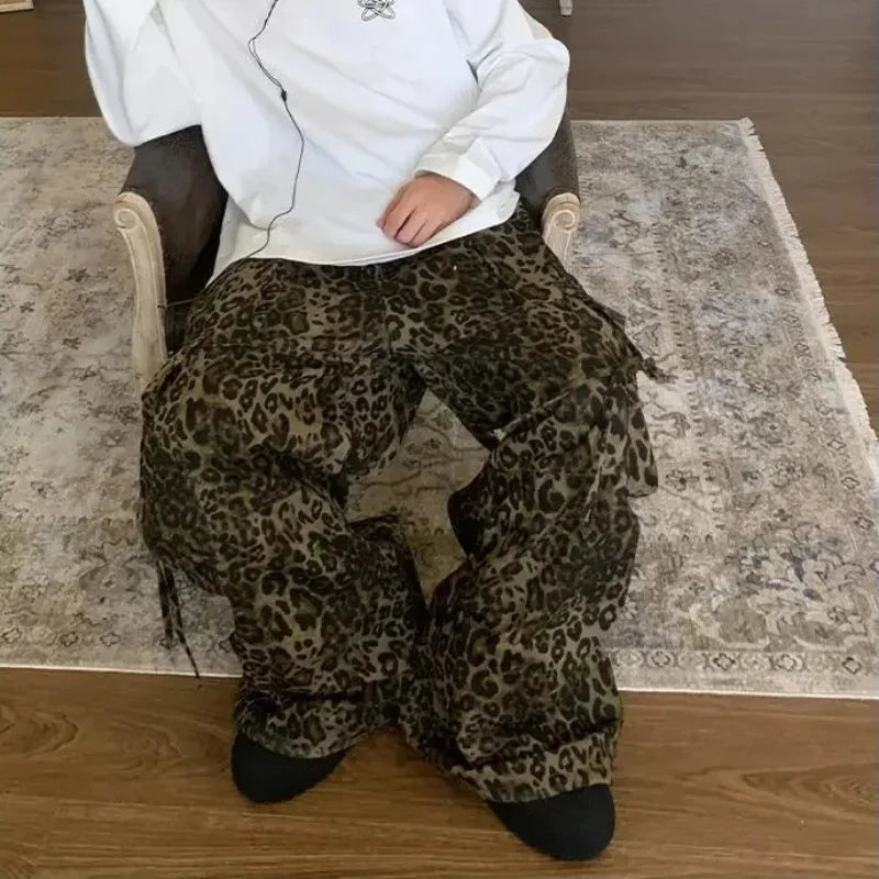 HOUZHOU Tan léopard Cargo Pantalon Hommes Y2K Parachute surdimensionné Pantalon Grand Homme Streetwear Hip Hop Harajuku Imprimé Animal