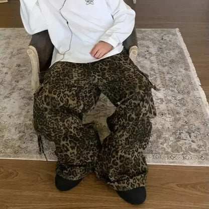 HOUZHOU Tan léopard Cargo Pantalon Hommes Y2K Parachute surdimensionné Pantalon Grand Homme Streetwear Hip Hop Harajuku Imprimé Animal