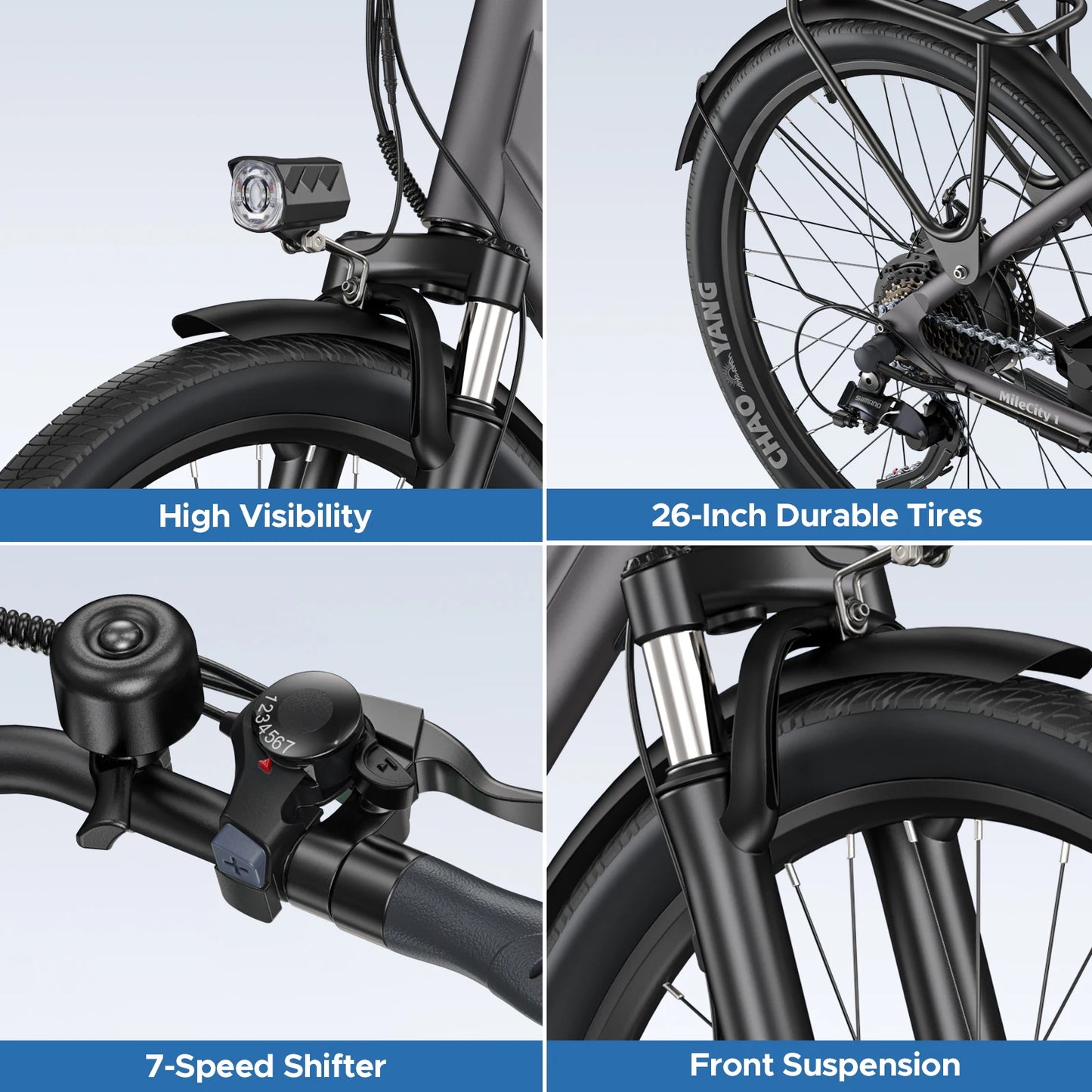 HillMiles MileCity 1 26" Vélo Électrique à Cadre Bas, Autonomie de 120 km, Moteur de 250W, Batterie 36V 13Ah, Vitesse Max 25 km/h, 7 Vitesses, Freins à Disque, E-bike pour la ville, Expédié d'Italie