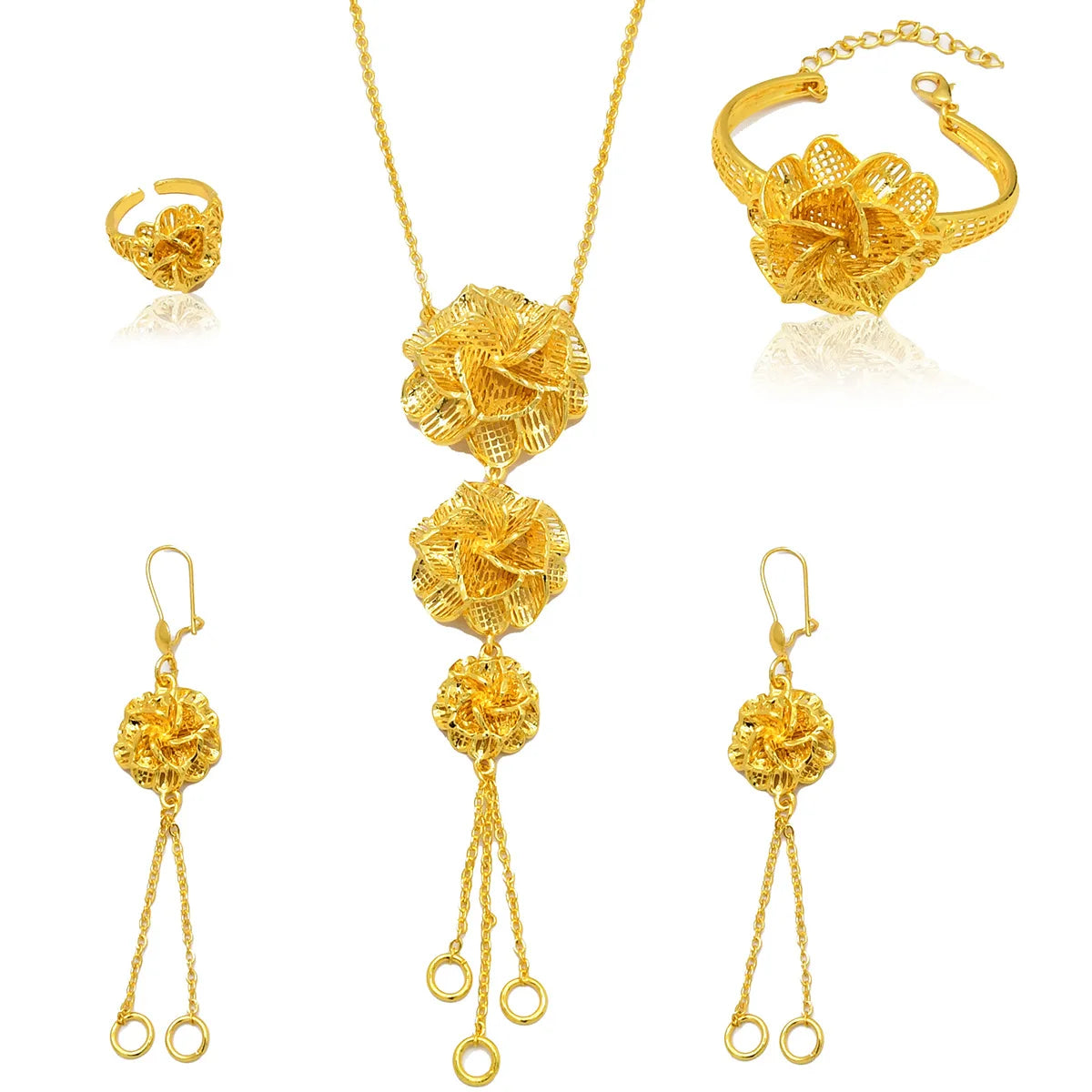 Femmes fleur gland collier boucles d'oreilles bague Bracelet mariée 4 pièces ensemble fine fleur/gland fluide, chaud 24K, AU999 double garantie