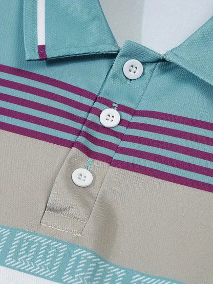 Nouveau polo d'été à manches courtes pour hommes, revers, imprimé numérique 3D, rayé, bouton, haut décontracté pour hommes, t-shirt respirant