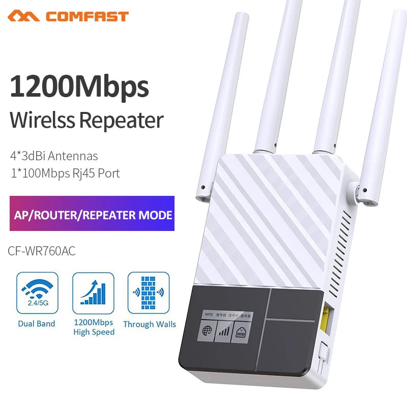 COMFAST 1200Mbps affichage OLED intelligent répéteur WiFi double bande 2.4G & 5G amplificateur de portée Wi-Fi de Signal d'extension sans fil