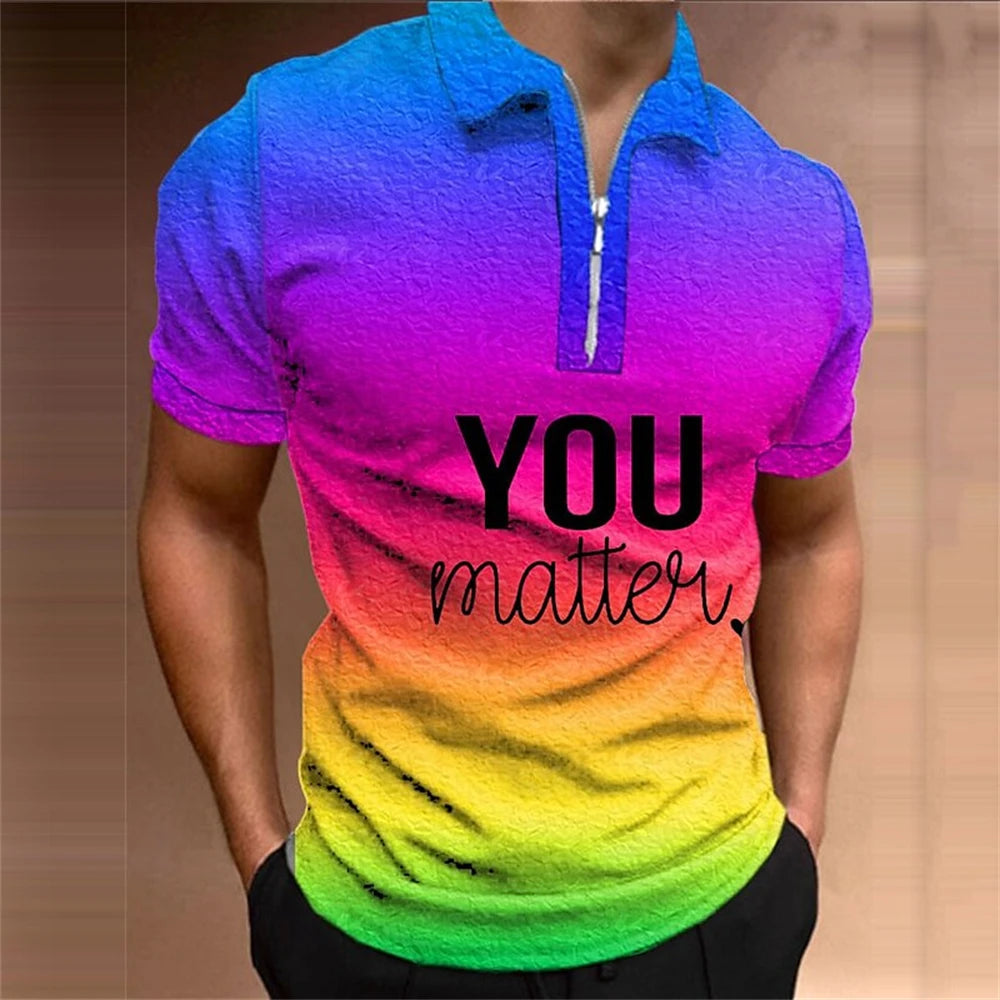 Polo arc-en-ciel pour hommes, haut de golf à imprimé coloré, t-shirt tendance, décontracté, de haute qualité, vêtements pour hommes, ample, surdimensionné, zippé