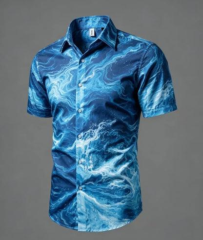 Chemise à manches courtes pour homme, imprimé lignes fluides et abstraites, charme épuré et artistique, idéale pour le streetwear personnalisé