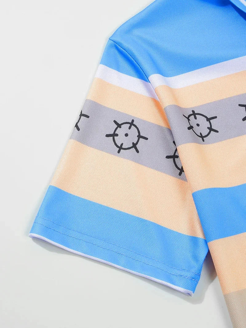 Nouveau polo d'été à manches courtes pour hommes, revers, imprimé numérique 3D, rayé, bouton, haut décontracté pour hommes, t-shirt respirant