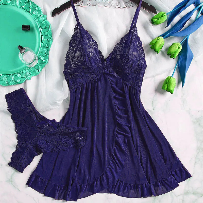 Ensemble pyjama transparent, chemise de nuit string, pour femme Sexy, robe de nuit d'été, Ultra-fin, vêtements de nuit en dentelle, Lingerie à bretelles
