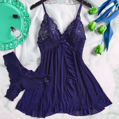 Ensemble pyjama transparent, chemise de nuit string, pour femme Sexy, robe de nuit d'été, Ultra-fin, vêtements de nuit en dentelle, Lingerie à bretelles