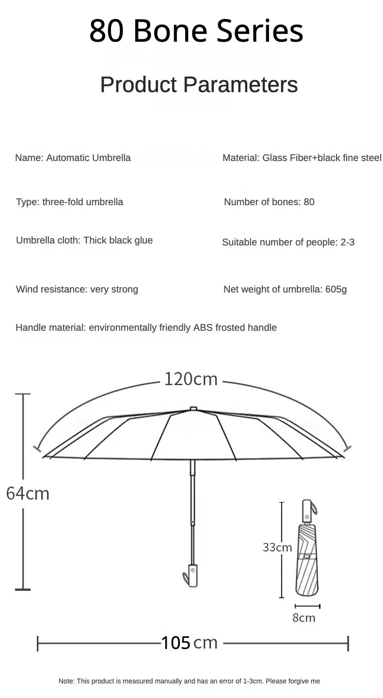 Parapluie anti-tempête 80 Bone pour hommes et femmes, pliage automatique, grand parapluie coupe-vent imperméable, parapluies anti-ultraviolets