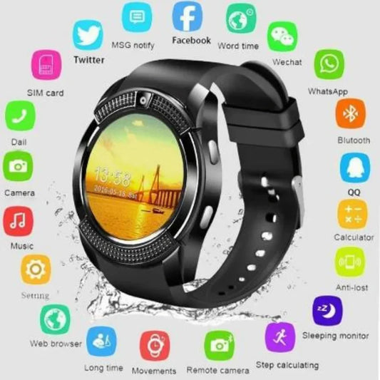 Nouvelle montre intelligente V8 PLUS prenant en charge la connexion de synchronisation de carte SIM Whats app Twitter Facebook Montre podomètre étanche de sport pour hommes et femmes