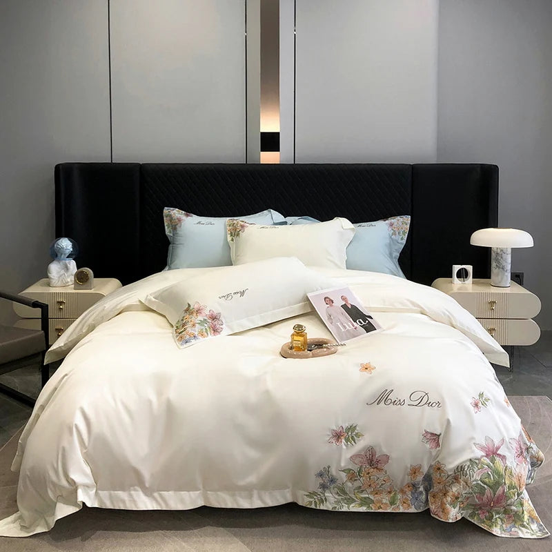 Parure de lit en coton égyptien avec broderie de fleurs, couvre-lit de luxe, drap-housse, housse de matelas, taies d'oreiller, housse de couette, housse de athlon blanche