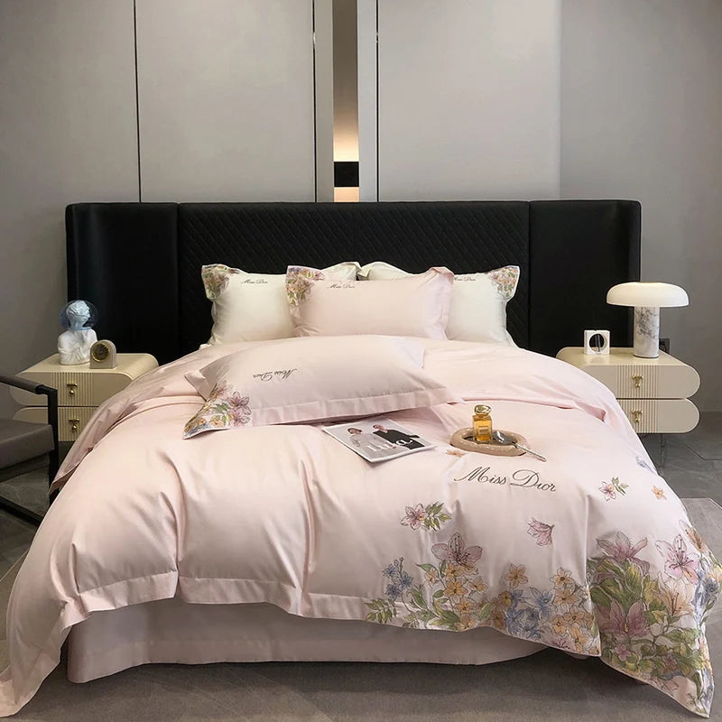 Parure de lit en coton égyptien avec broderie de fleurs, couvre-lit de luxe, drap-housse, housse de matelas, taies d'oreiller, housse de couette, housse de athlon blanche