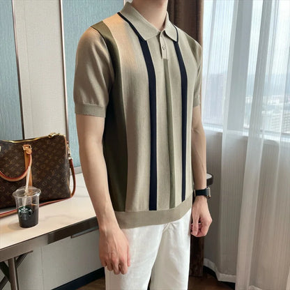 T-shirt à manches courtes en soie glacée à rayures contrastées pour homme, tendance mode été 2024, style britannique, décontracté, col polo