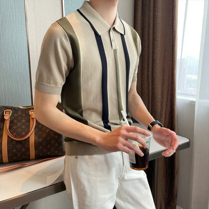 T-shirt à manches courtes en soie glacée à rayures contrastées pour homme, tendance mode été 2024, style britannique, décontracté, col polo