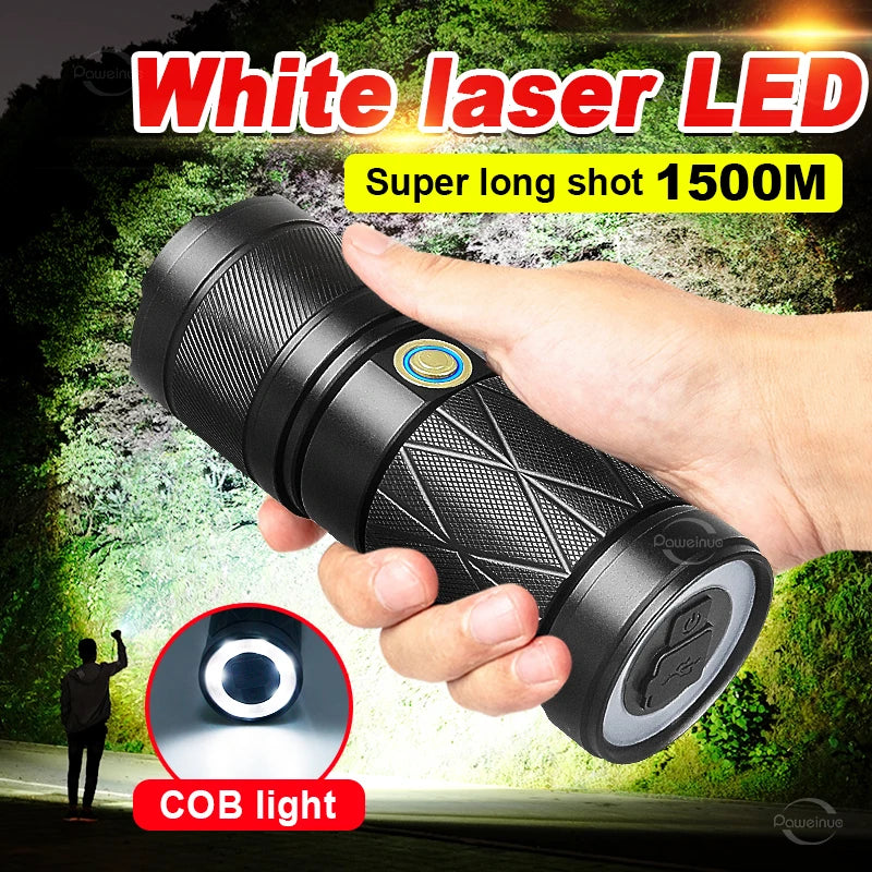 Lampe de poche LED laser blanc Super puissante, torche 3x18650 intégrée, Zoom 1500m, lanterne tactique avec COB, lampe étanche pour Camping