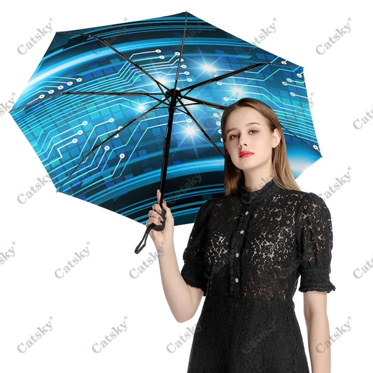 Parapluie d'art de circuit cybernétique du futur parapluie de pluie pour femmes parapluies entièrement automatiques à 3 volets protection solaire outil de voyage en plein air Parapluie