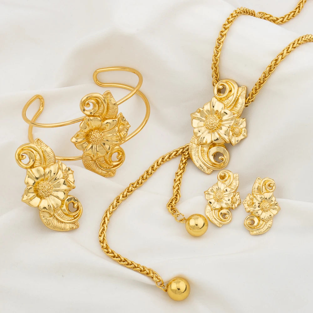 Ensemble de bijoux plaqué or pour femme collier réglable boucle d'oreille en cuivre en forme de fleur, bracelet et matiques, bijoux de mariage africains de Dubaï