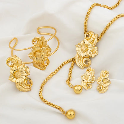 Ensemble de bijoux plaqué or pour femme collier réglable boucle d'oreille en cuivre en forme de fleur, bracelet et matiques, bijoux de mariage africains de Dubaï