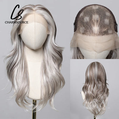 Charm Source 13x6 Perruque en dentelle longue ondulée brune avec racines foncées pour femme, perruque de fête quotidienne, cosplay, mariage, haute densité