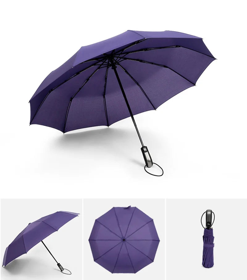 Grand parapluie entièrement automatique et résistant, pliable, pour homme et femme, idéal pour les affaires, le travail ou la pluie