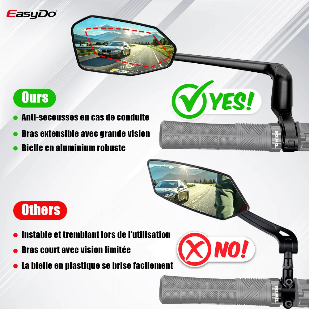 EasyDo – rétroviseur de guidon de vélo électrique, avec bras de miroir étendu rotatif à 360 degrés, pour cyclisme sur route et en montagne