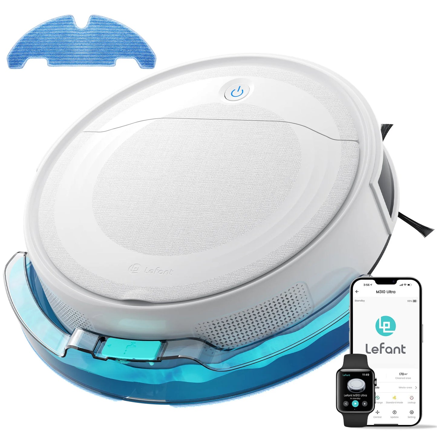 LEFANT M310 UltraAspirateur robot et balai à franges, puissance d'aspiration de 6000 Pa, navigation ToF avec capteur PSD à 190°, autonomie de 170 min, compatible avec l'application/Alexa, idéal pour les poils d'animau