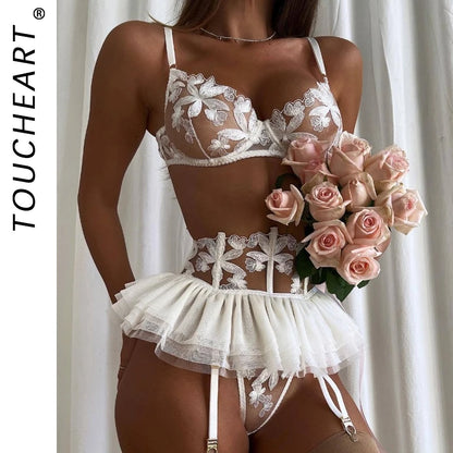 Toucheart-Ensemble de lingerie 3 pièces pour femme, jarretelles, mini jupe, soutien-gorge brodé transparent, sous-vêtements sexy, nouveau, 7.0