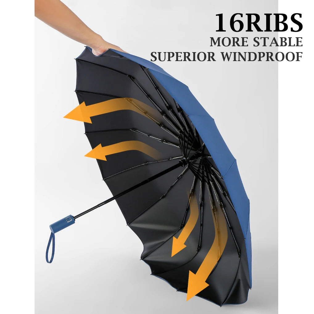 Parapluie pliant entièrement automatique à 16 baleines pour homme et femme, grand, résistant, résistant aux UV, de luxe, pour les affaires, coupe-vent