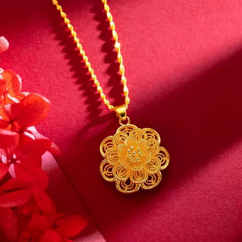 Colliers avec pendentif fleur couleur or 24K pour femmes, chaîne ondulée de 18 pouces, accessoires de bijoux de luxe de haute qualité